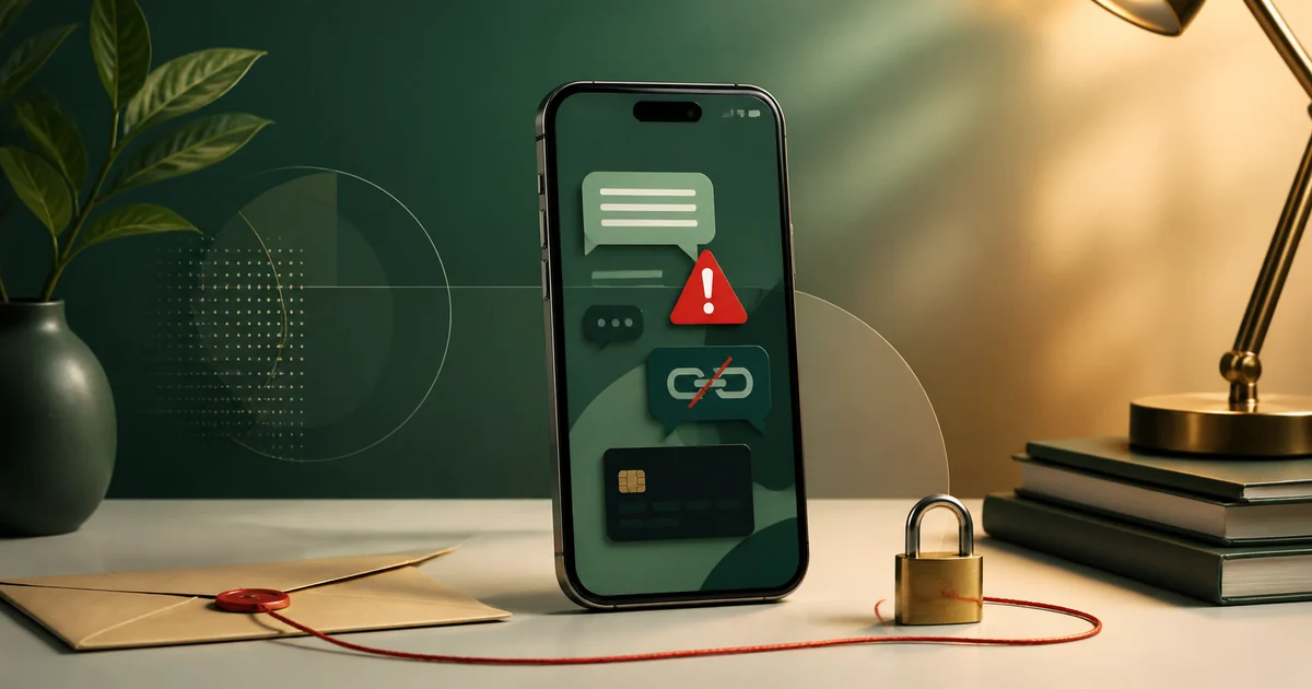 Смартфон с предупреждением о подозрительном сообщении, разорванной ссылкой и защитным замком